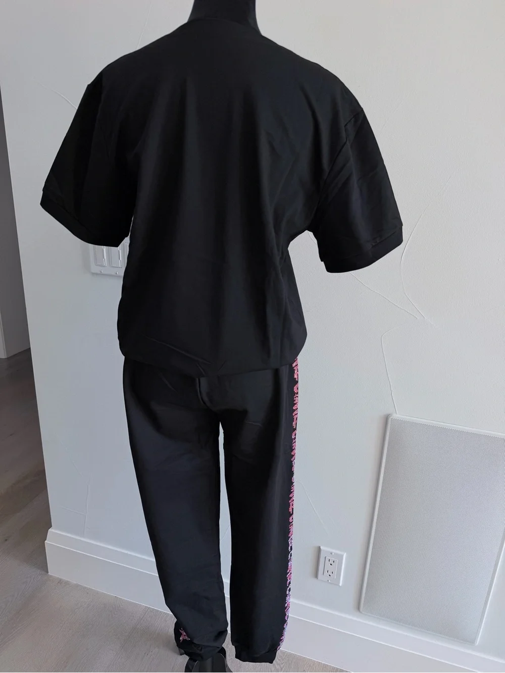 CHANEL Black Tee and Joggers with Pink Logo Detailing size S/M